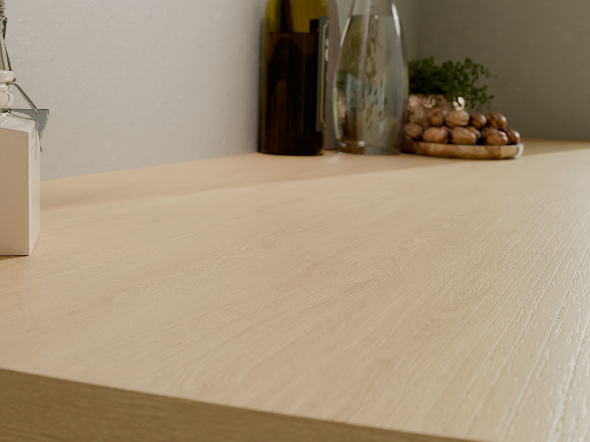 Plan de travail stratifié sur mesure par Sofema, finition bois clair.