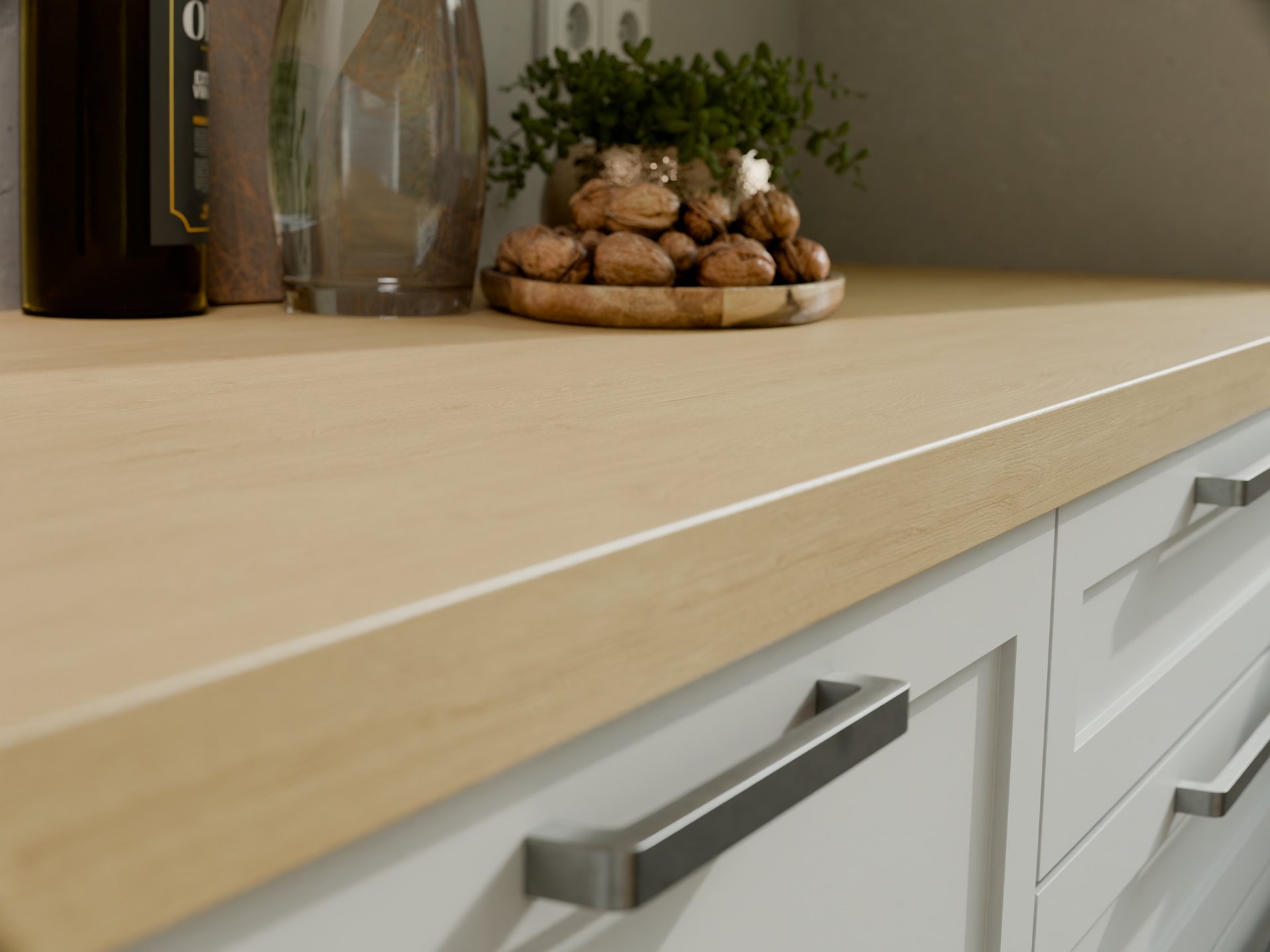 Plan de travail stratifié sur mesure de Sofema, en bois clair.