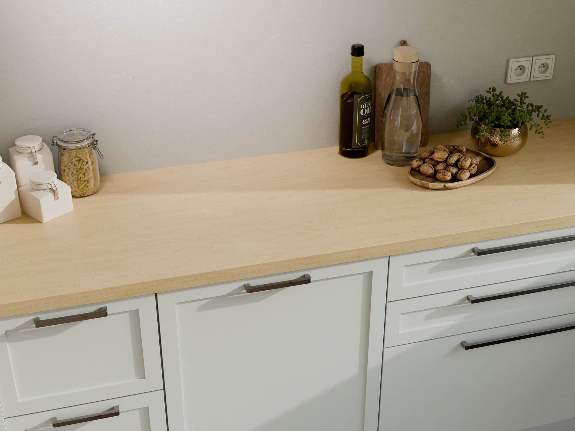 Plan de travail stratifié sur mesure de Sofema, avec éléments de cuisine.