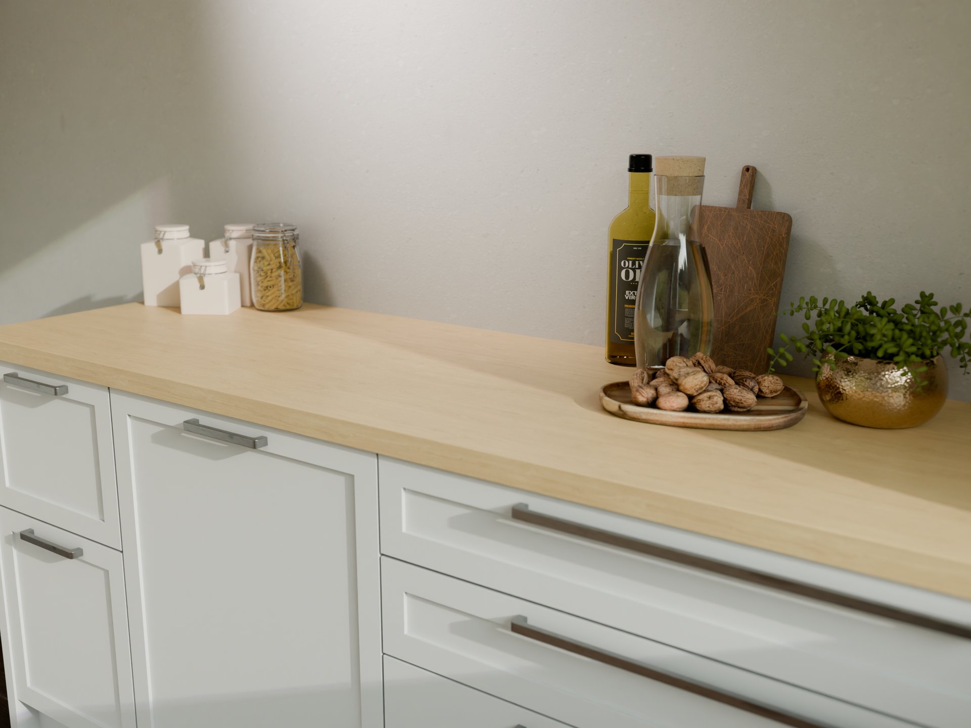 Plan de travail stratifié sur mesure Sofema, décoré d'objets de cuisine.