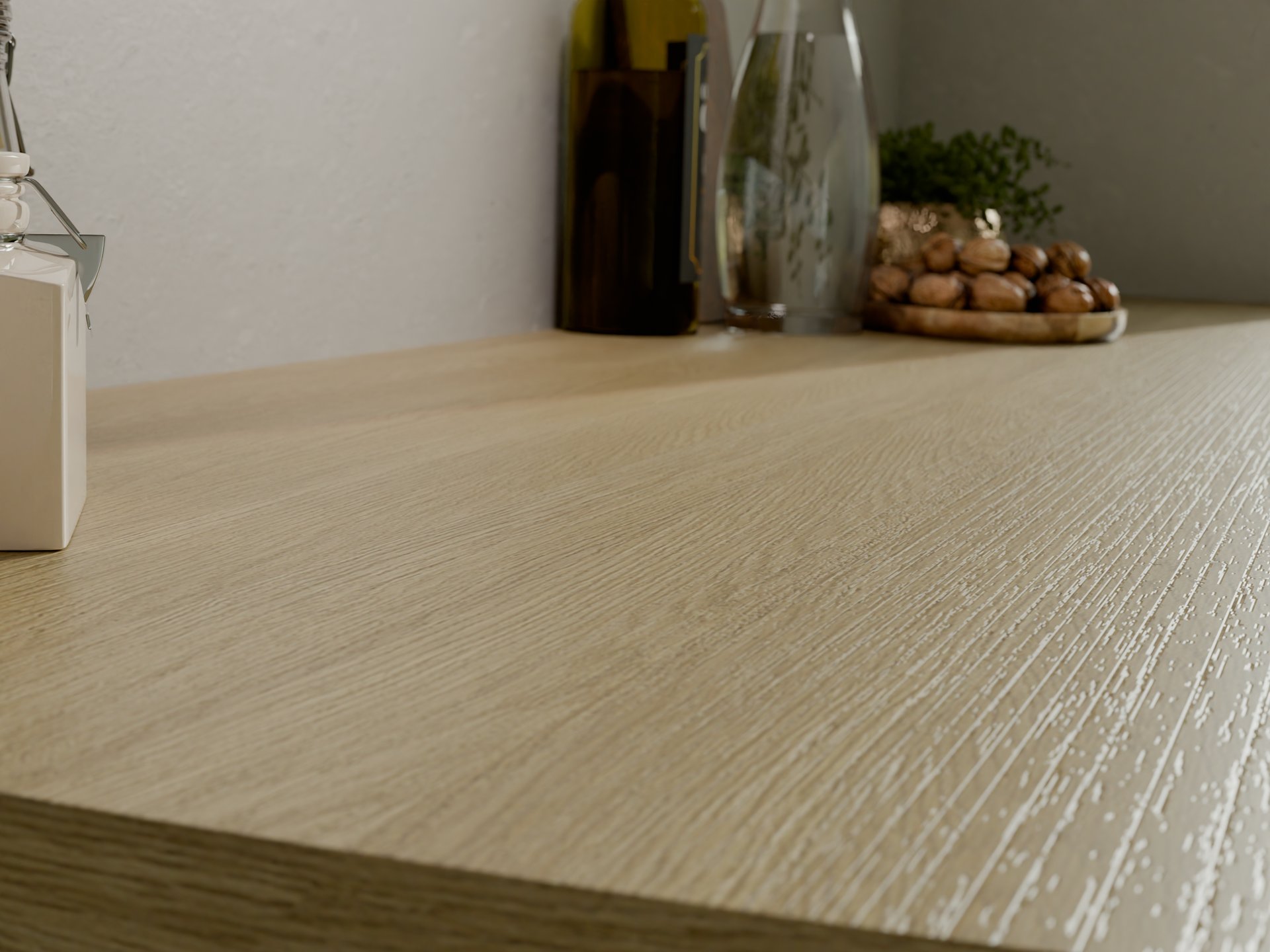 Plan de travail stratifié sur mesure par Sofema, finition bois clair.