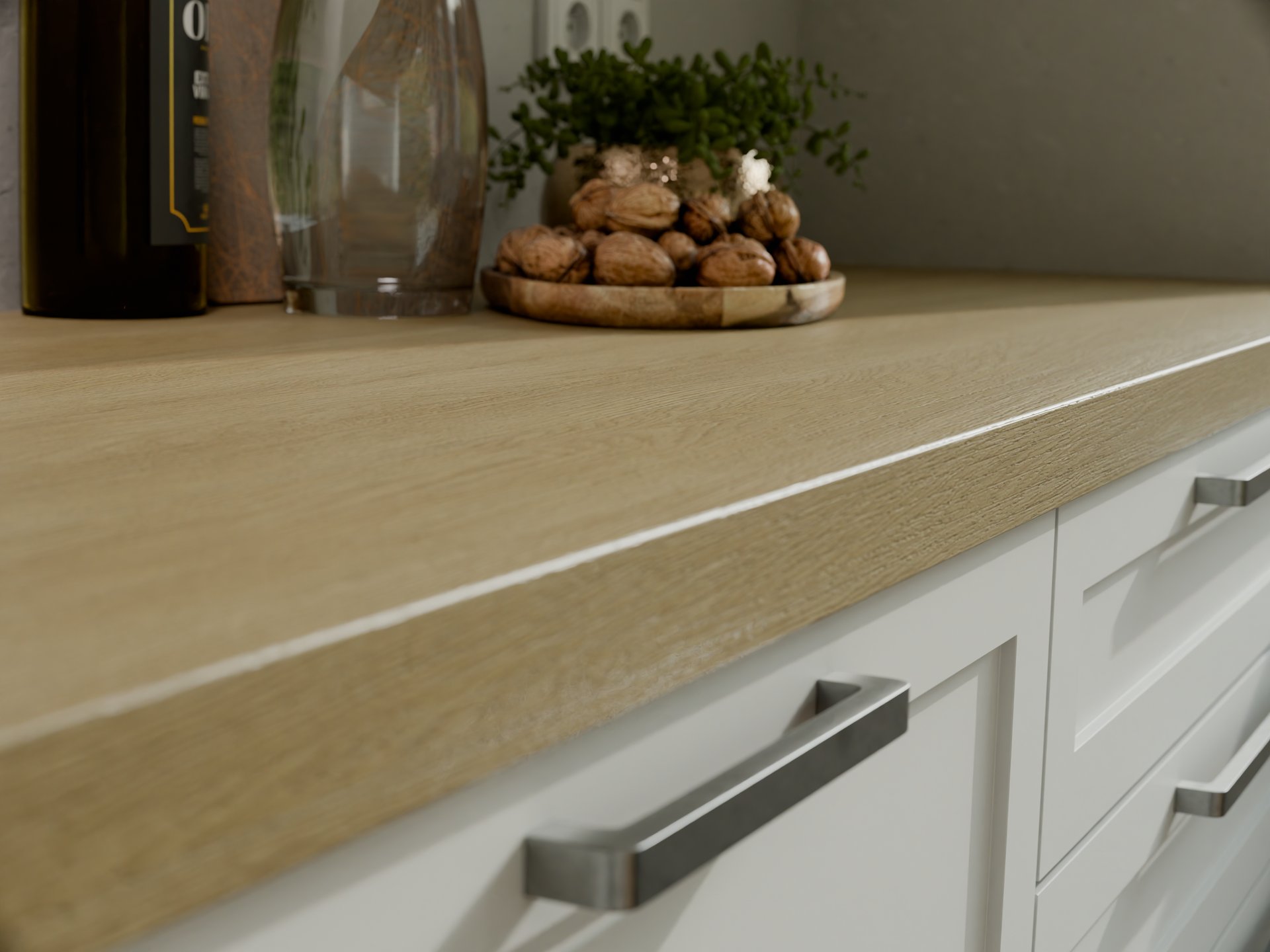 Plan de travail stratifié sur mesure par Sofema, finition bois clair.