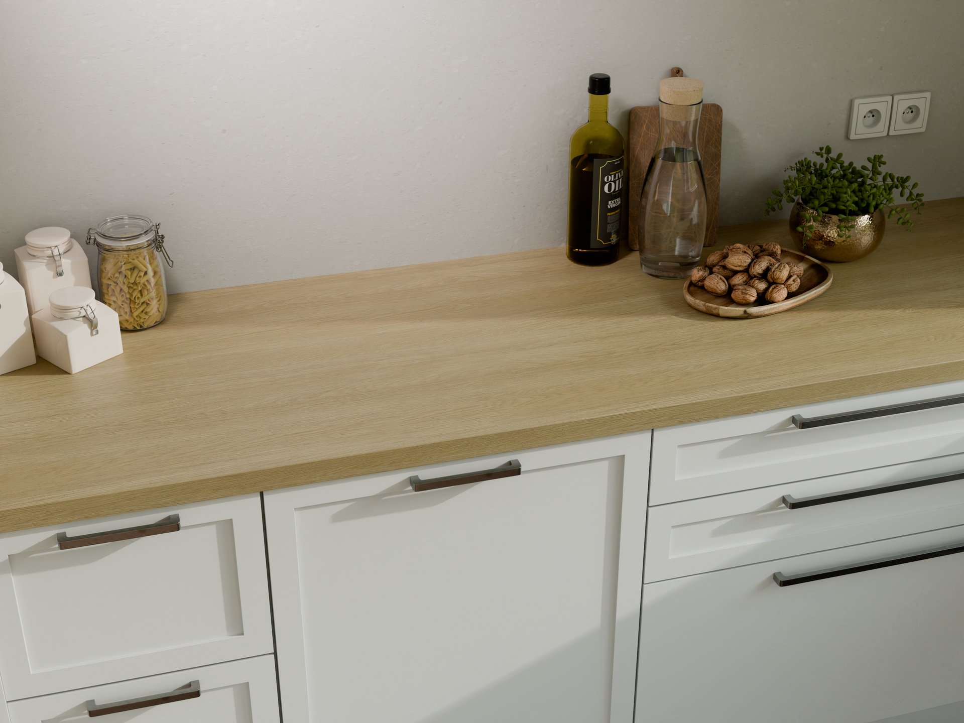 Plan de travail stratifié sur mesure par Sofema, en bois clair.