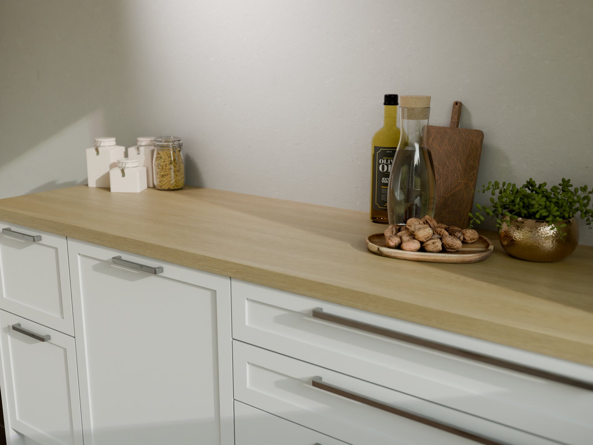 Plan de travail stratifié sur mesure Sofema, avec divers objets de cuisine.