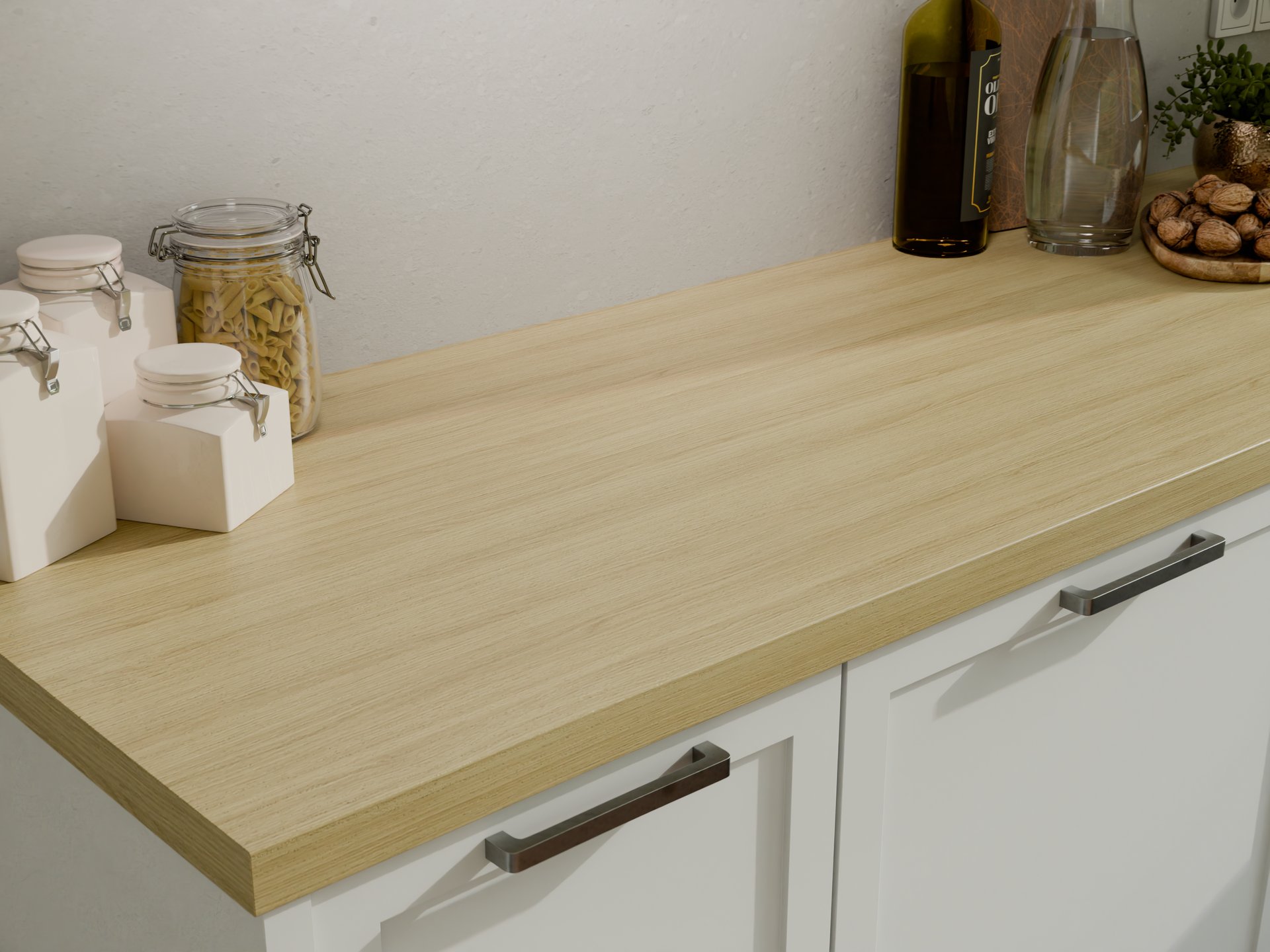 Plan de travail stratifié sur mesure par Sofema, finition bois clair.