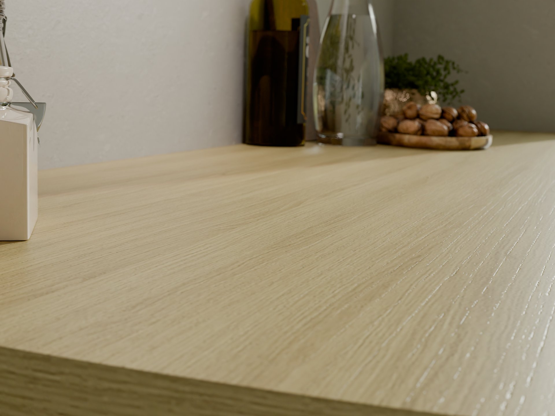 Plan de travail stratifié sur mesure par Sofema, finition bois clair.