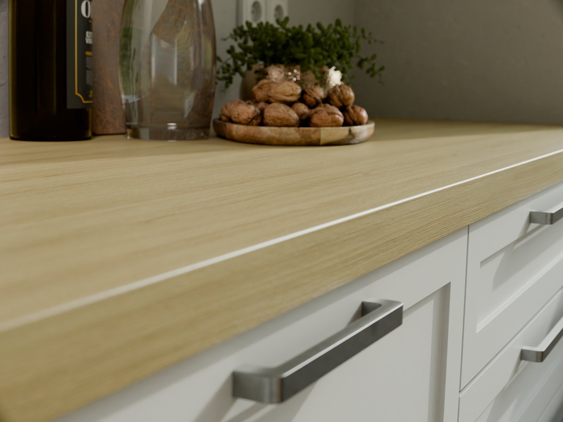 Plan de travail stratifié sur mesure par Sofema avec finition bois clair.