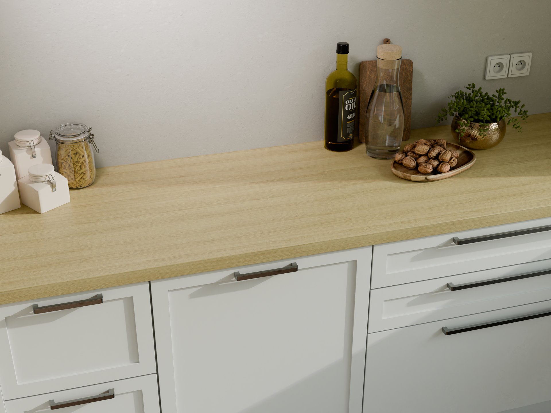 Plan de travail stratifié sur mesure par Sofema, finition bois clair.