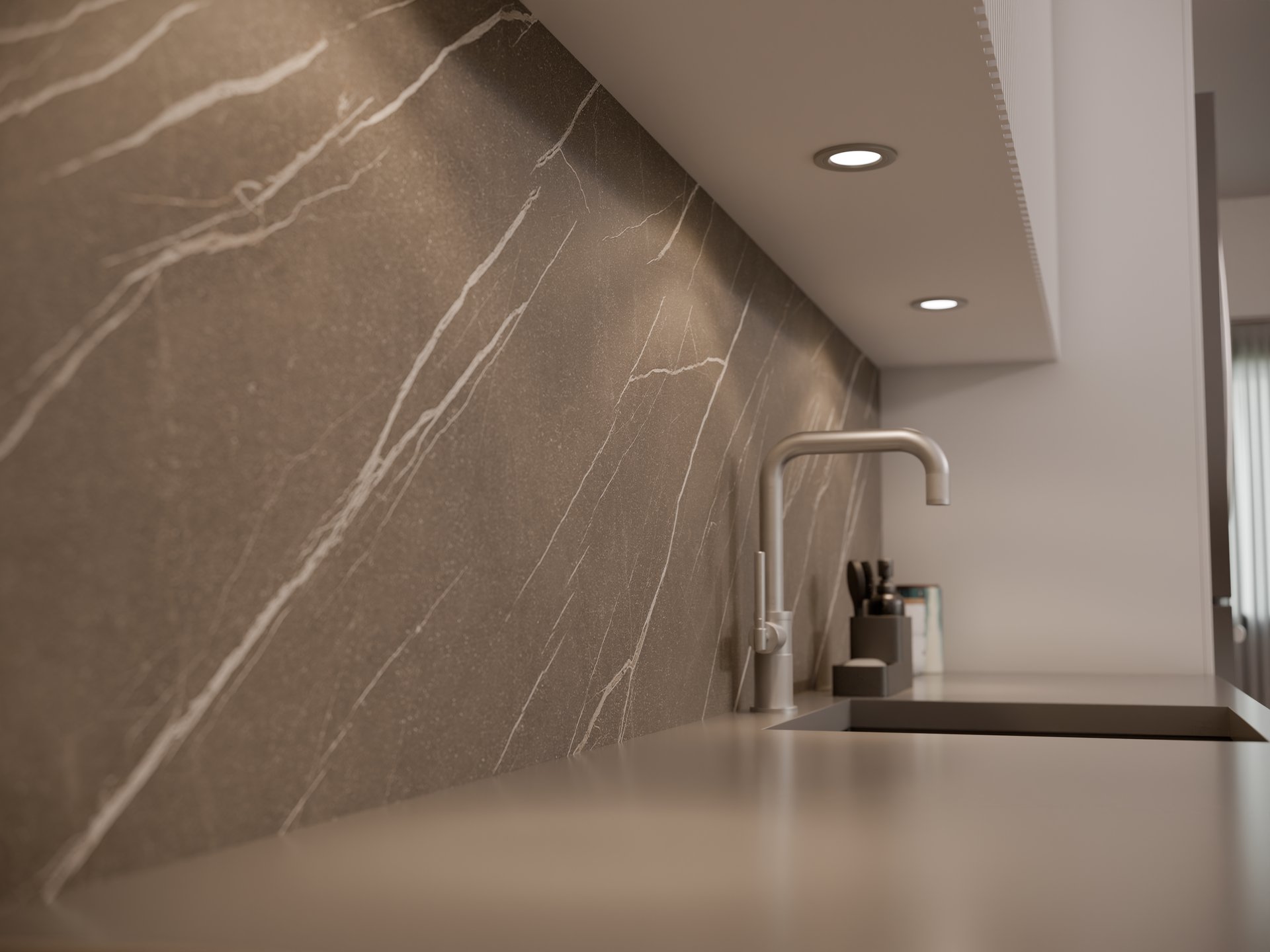 Plan de travail stratifié sur mesure Sofema, évier et crédence marbrée