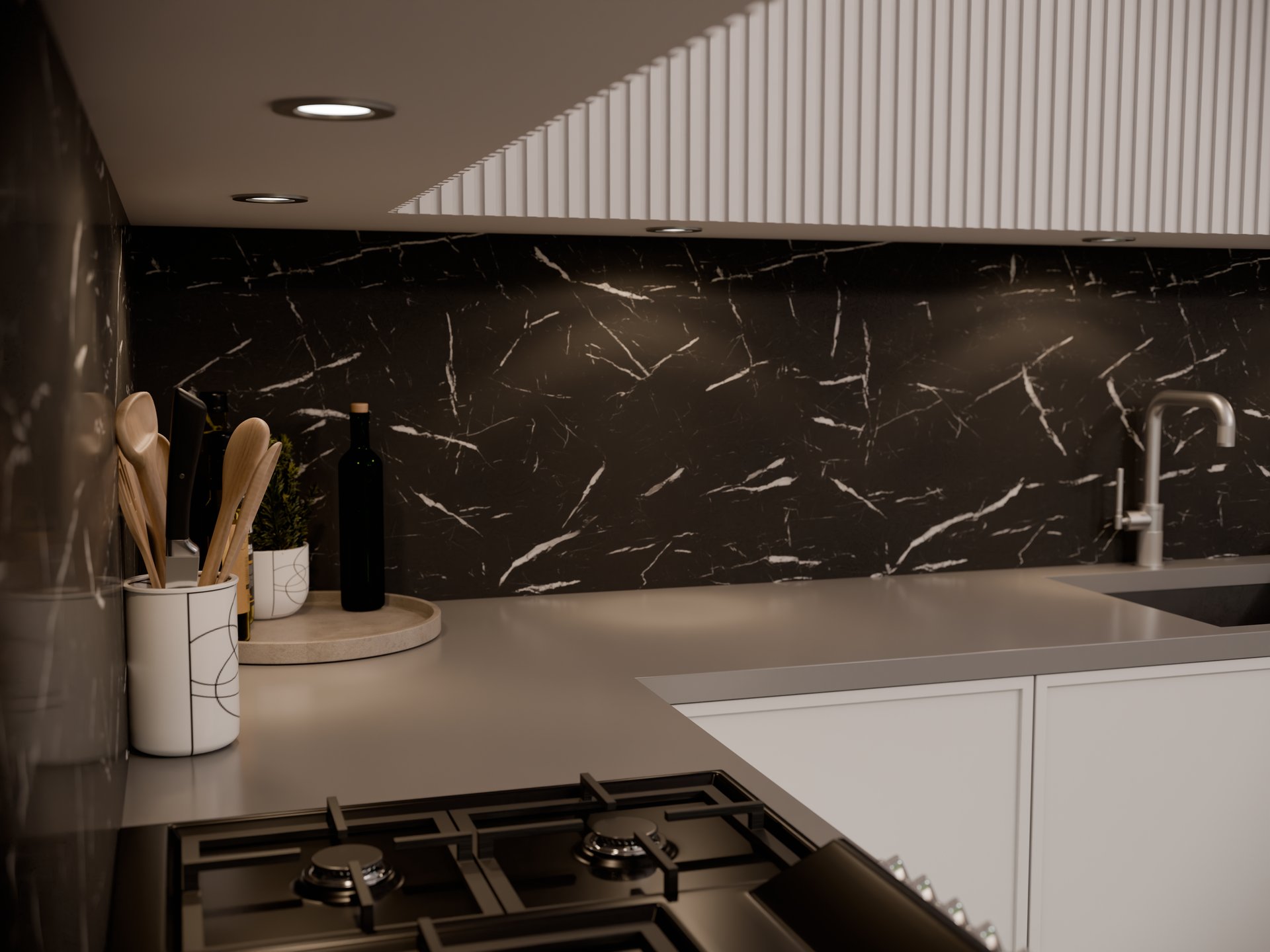 Plan de travail stratifié sur mesure Sofema dans cuisine avec évier et plaque