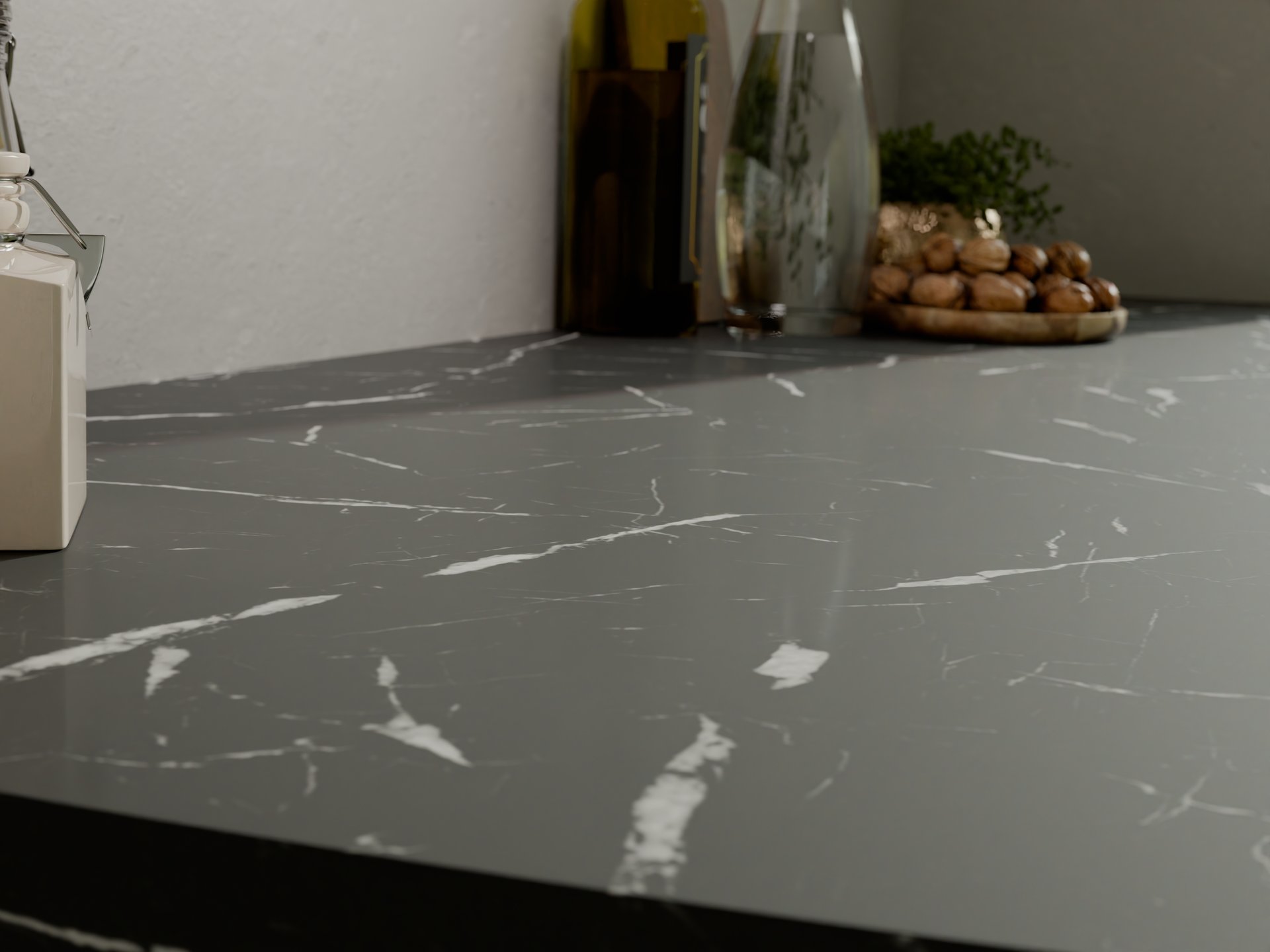 Plan de travail stratifié sur mesure par Sofema, finition gris marbré.