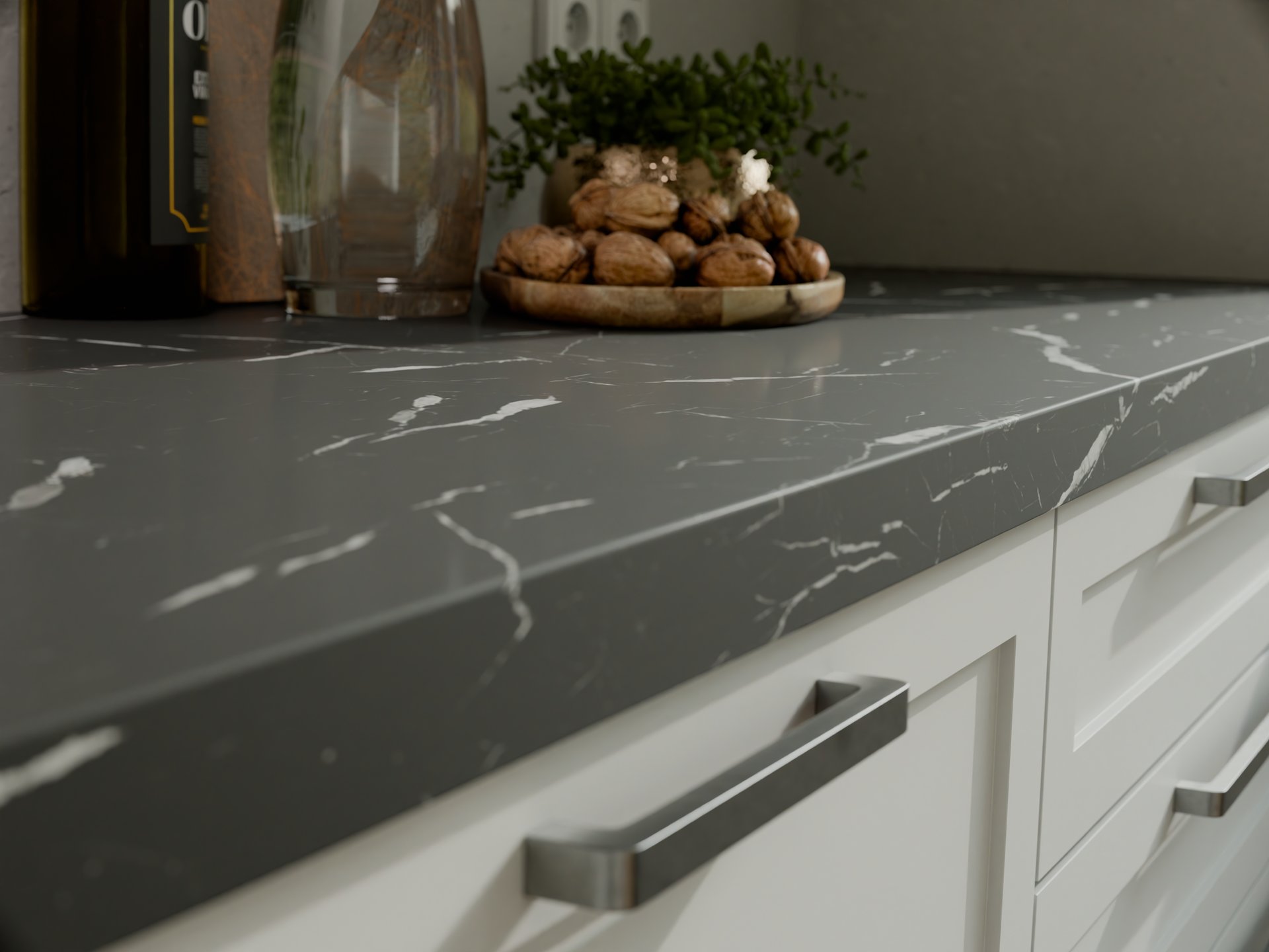 Plan de travail stratifié sur mesure par Sofema, finition marbre gris.