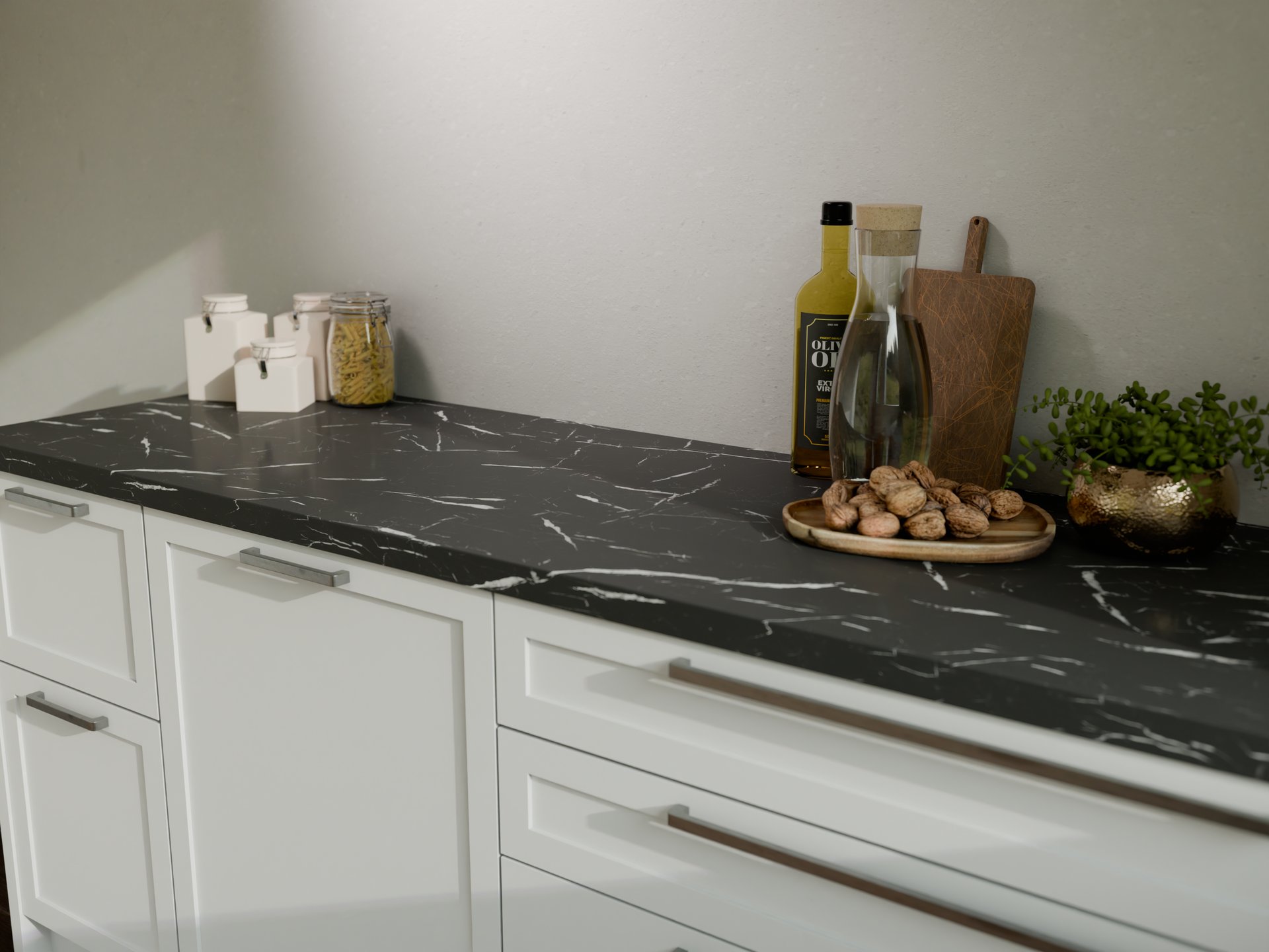 Plan de travail stratifié sur mesure Sofema, finition noire marbrée.