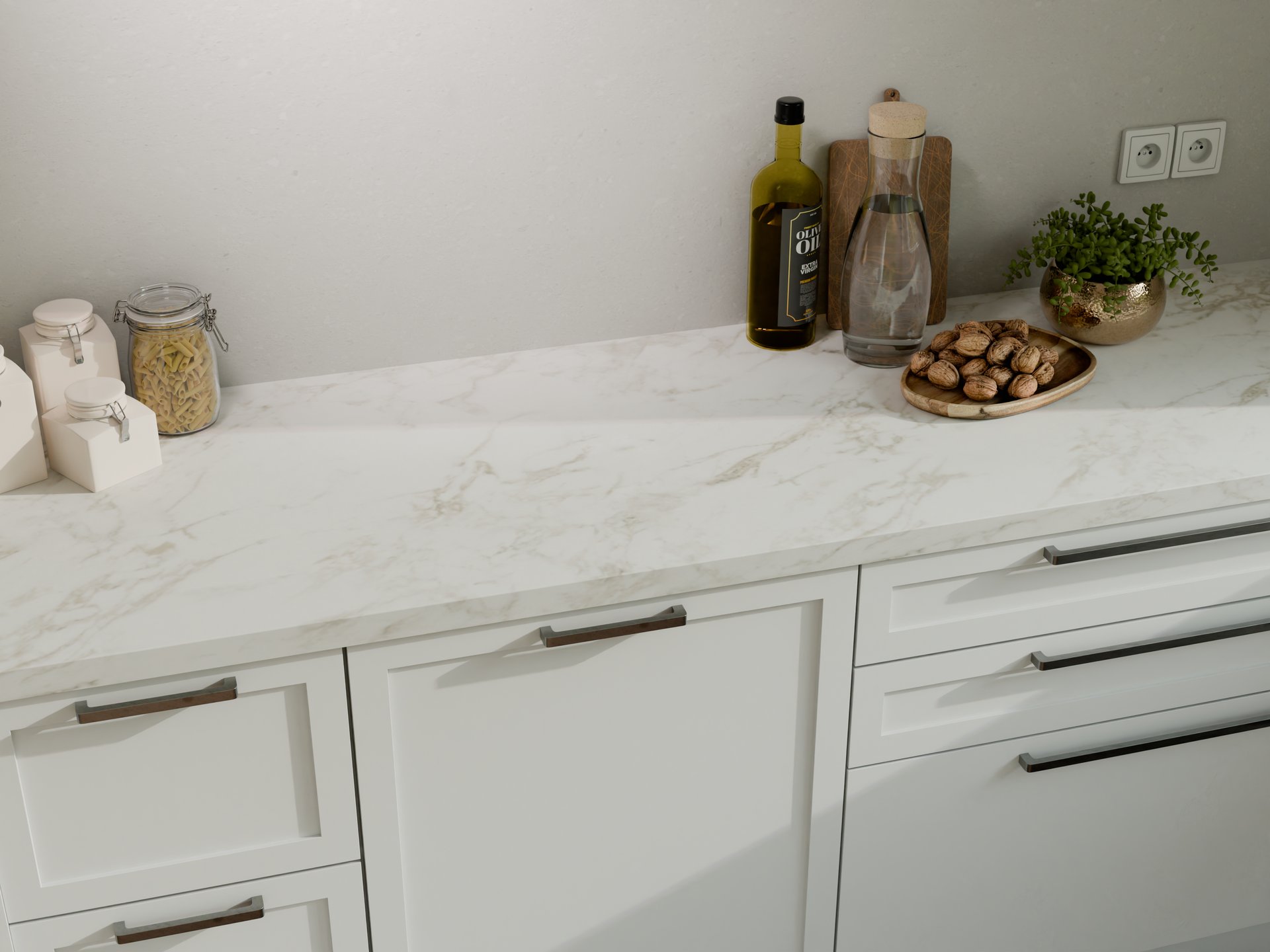 Plan de travail stratifié sur mesure Sofema avec accessoires de cuisine.