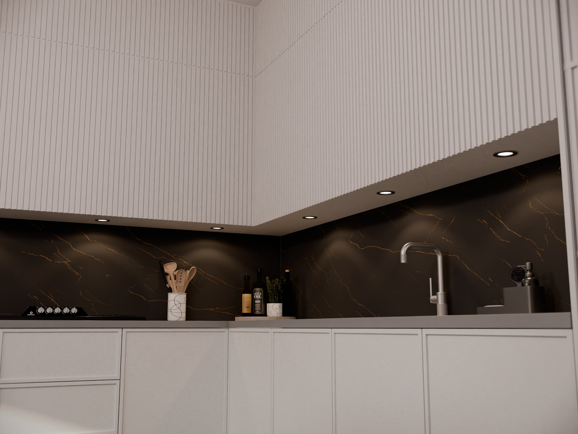 Plan de travail stratifié sur mesure Sofema, cuisine blanche avec évier et hotte