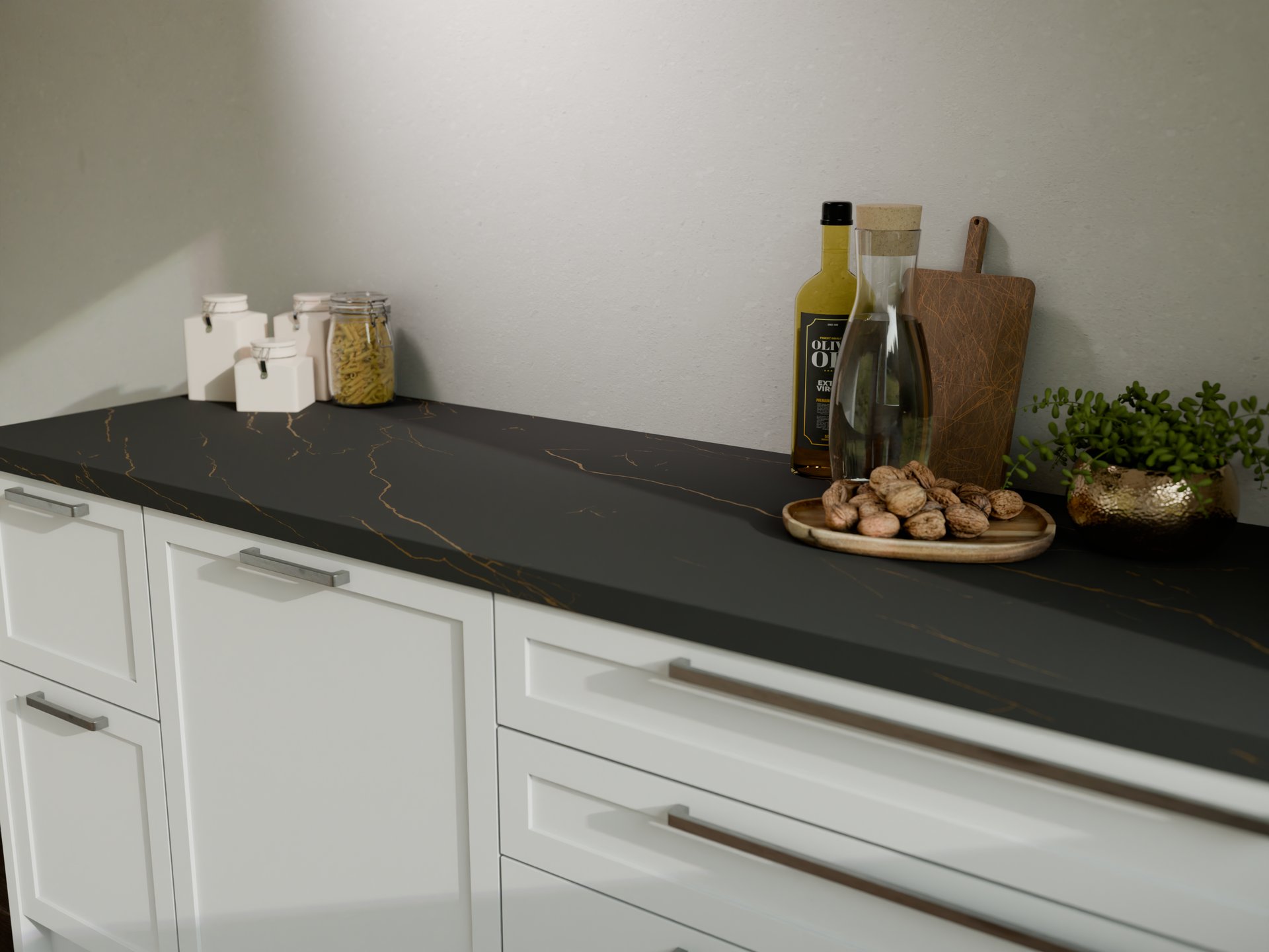 Plan de travail stratifié sur mesure Sofema, noir avec veines dorées.