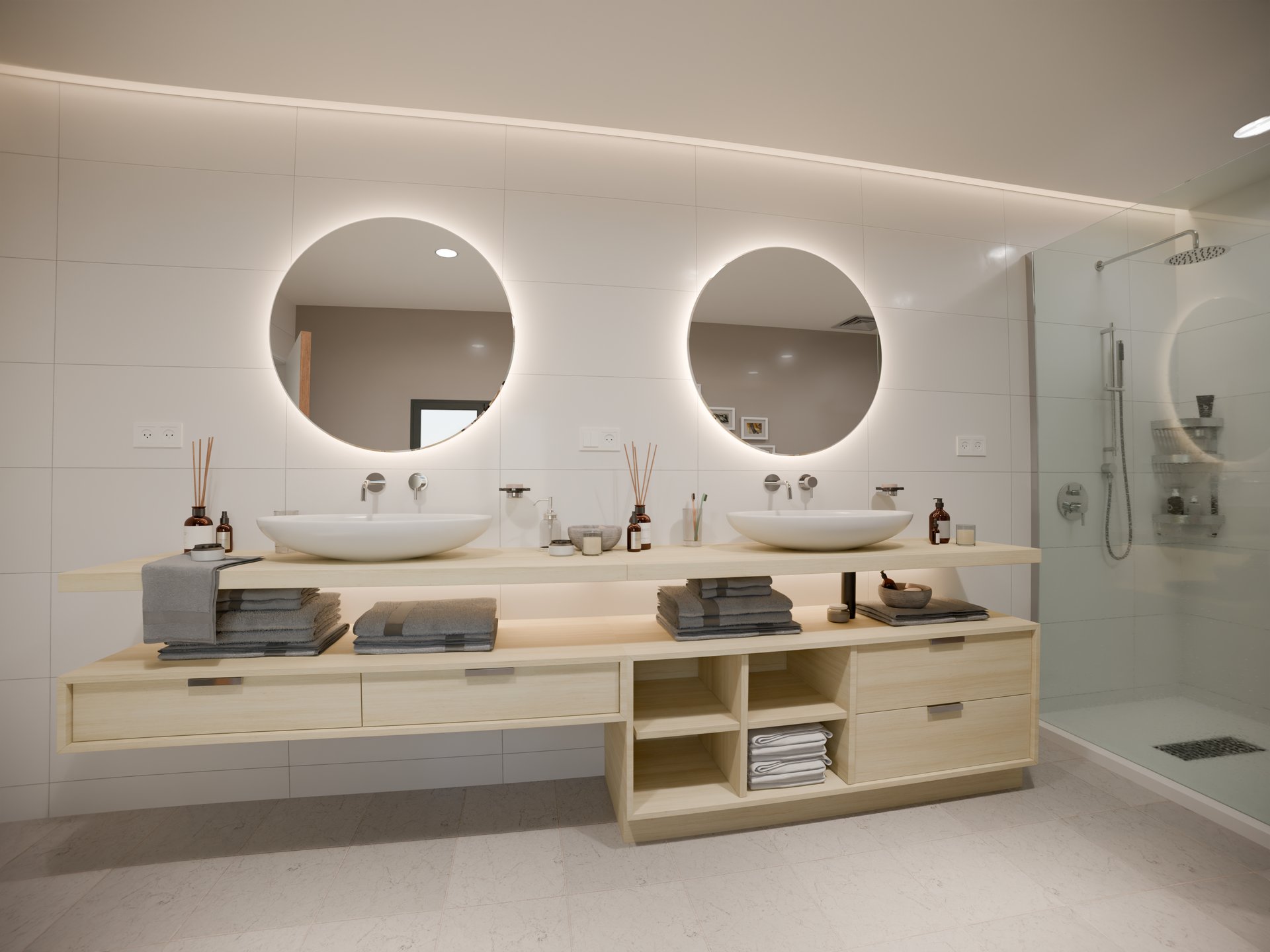 Plan de travail stratifié sur mesure Sofema avec double vasque et miroir rond