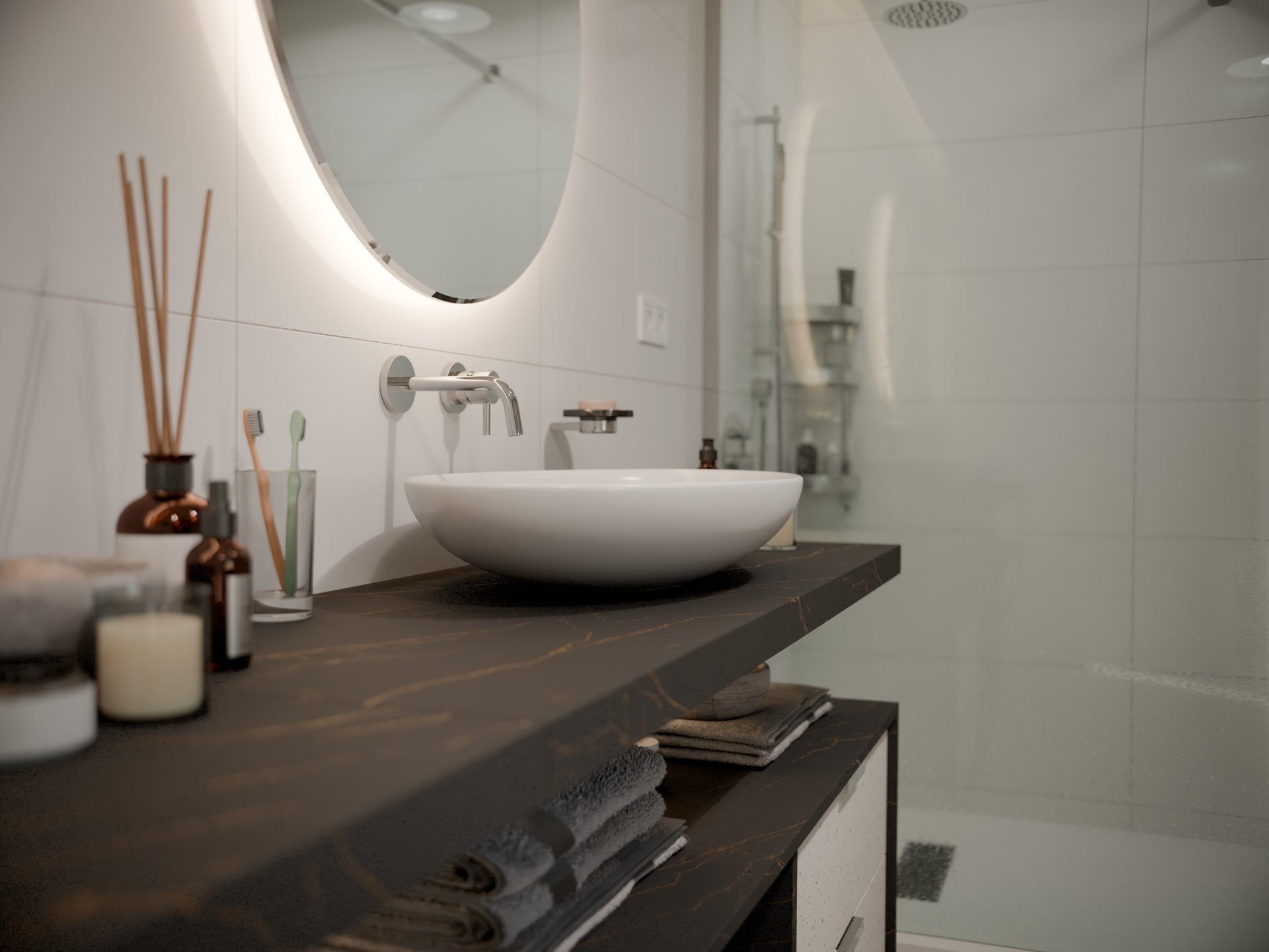 Plan de travail stratifié sur mesure Sofema avec vasque de salle de bain