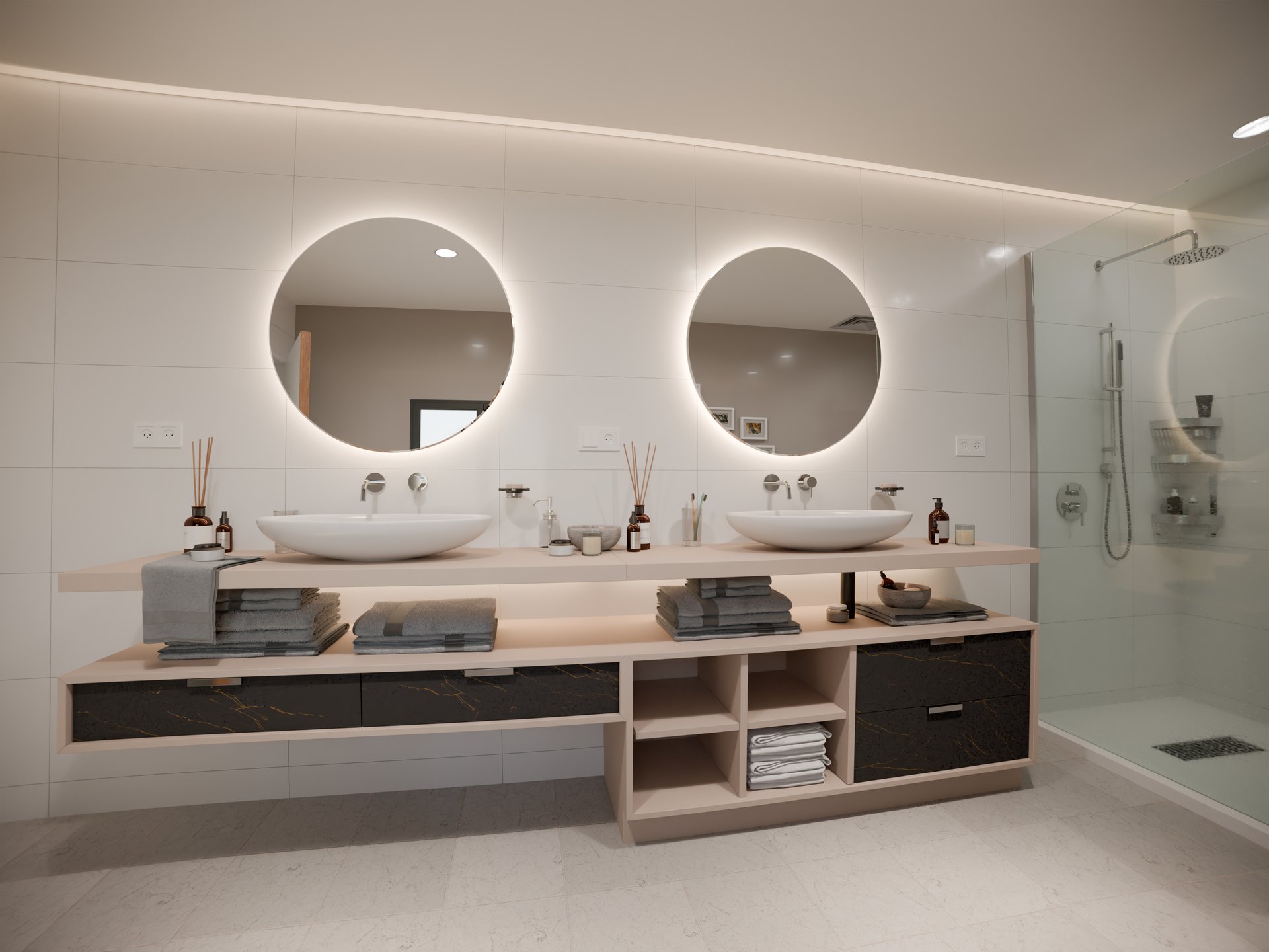 Plan de travail stratifié sur mesure Sofema avec double vasque de salle de bain