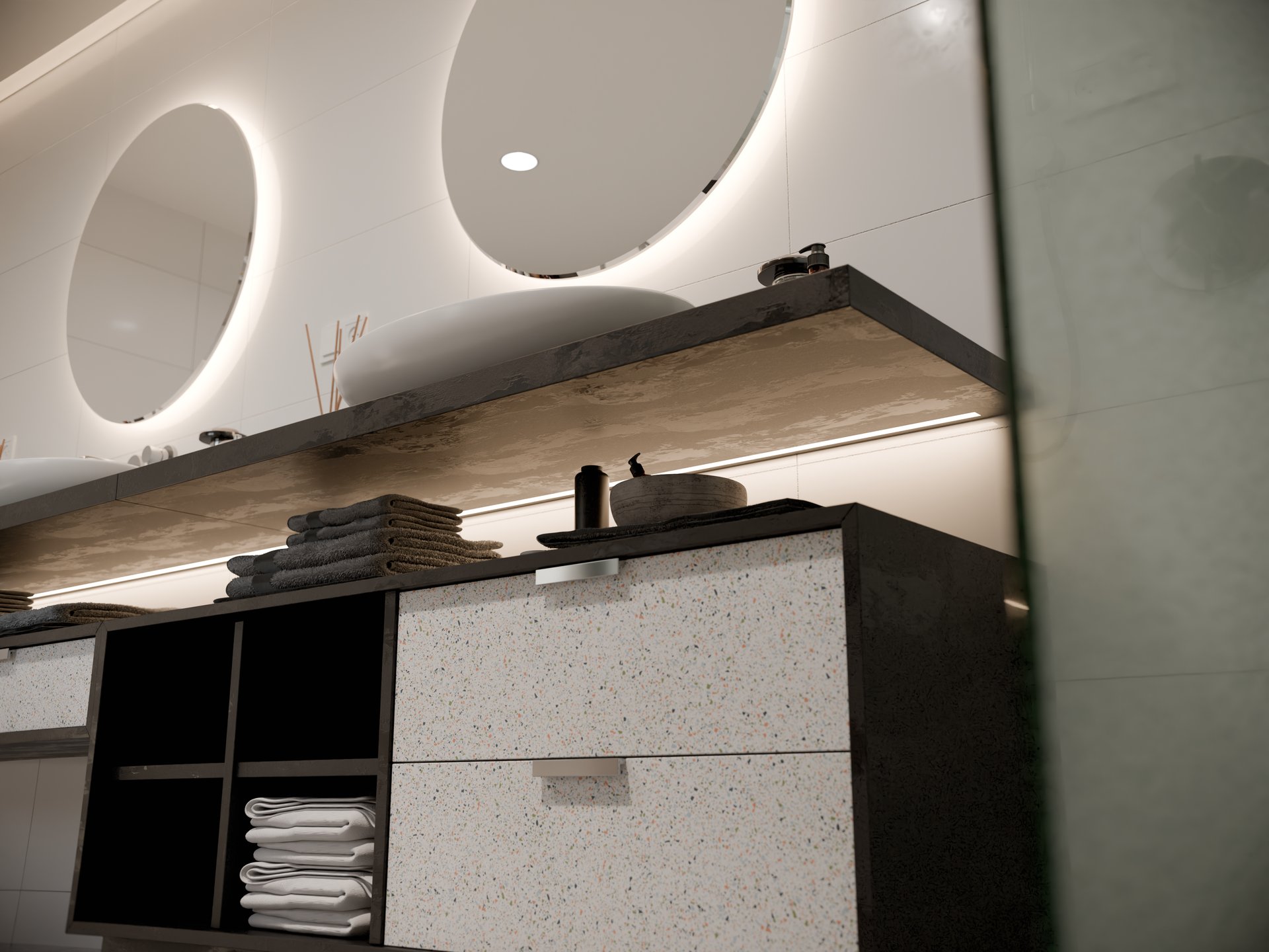 Plan de travail stratifié sur mesure Sofema avec vasque et miroir rond