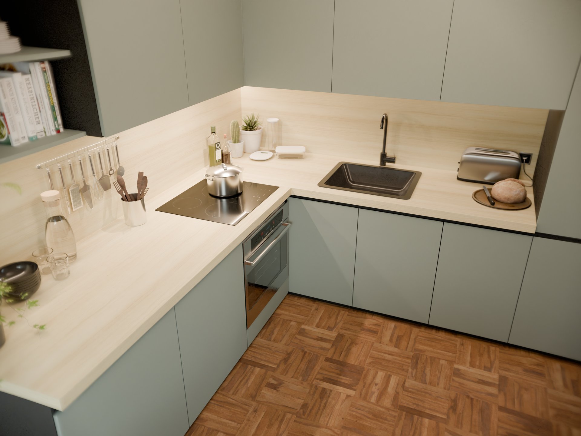 Cuisine moderne avec plan de travail stratifié sur mesure Sofema et évier