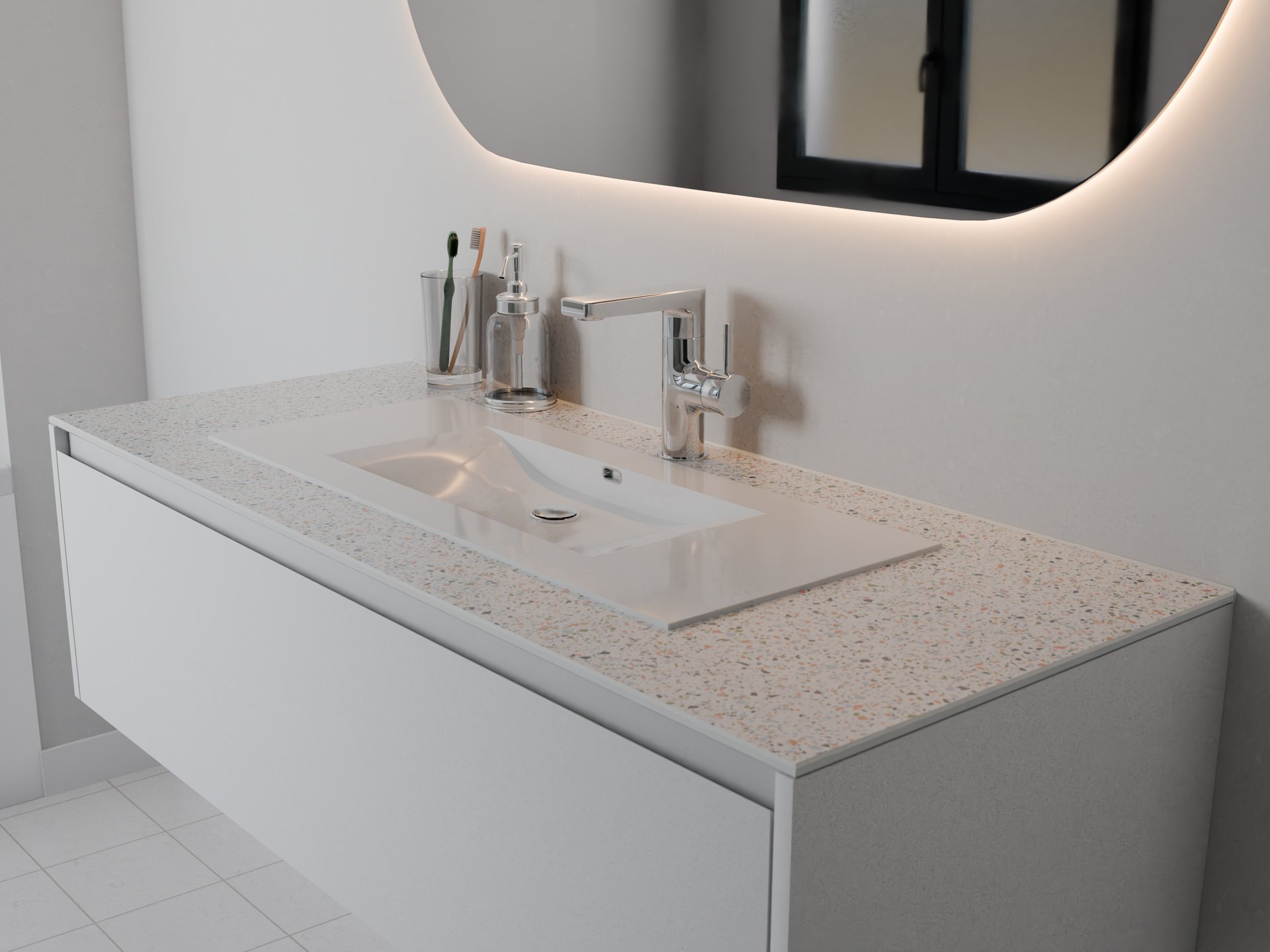 Plan de travail stratifié sur mesure Sofema pour meuble vasque salle de bain