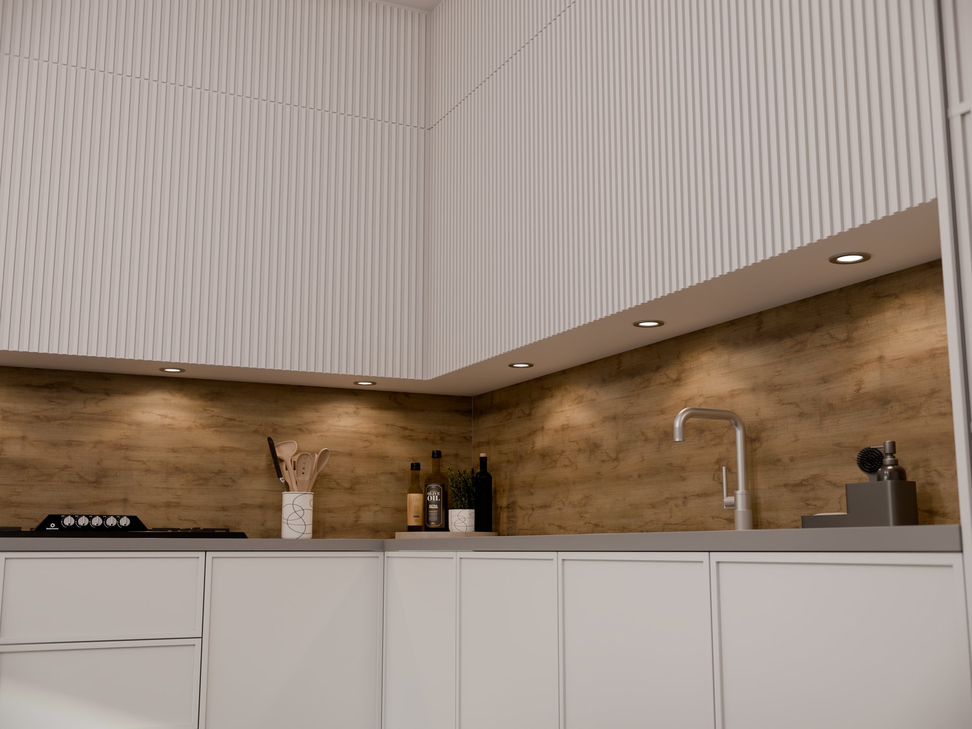 Plan de travail stratifié sur mesure Sofema dans cuisine avec évier et plaque