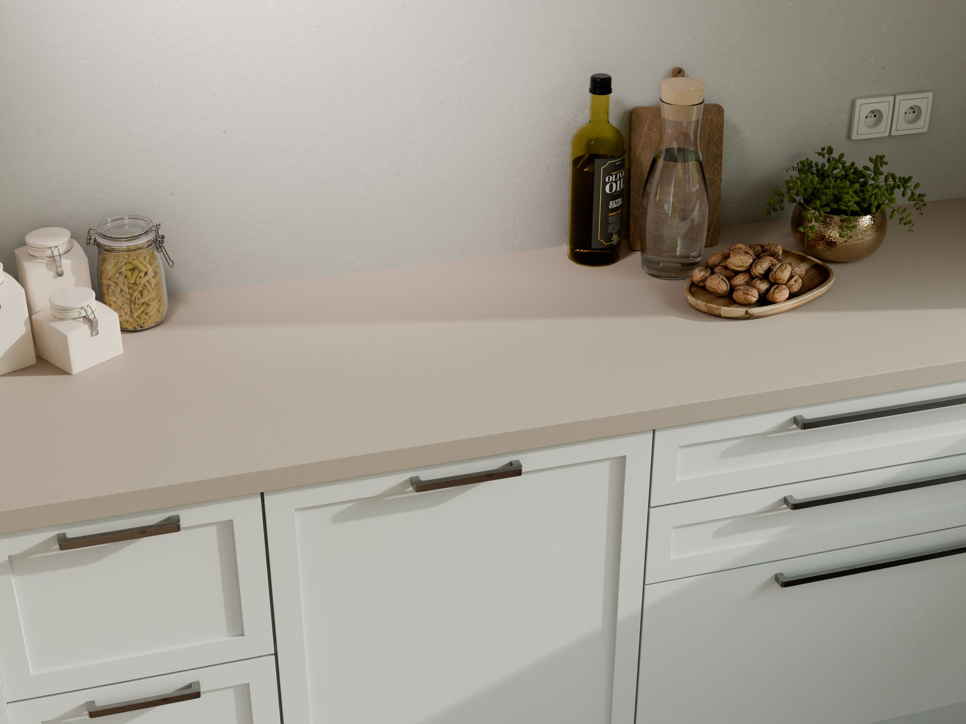 Plan de travail stratifié sur mesure Sofema avec accessoires de cuisine.