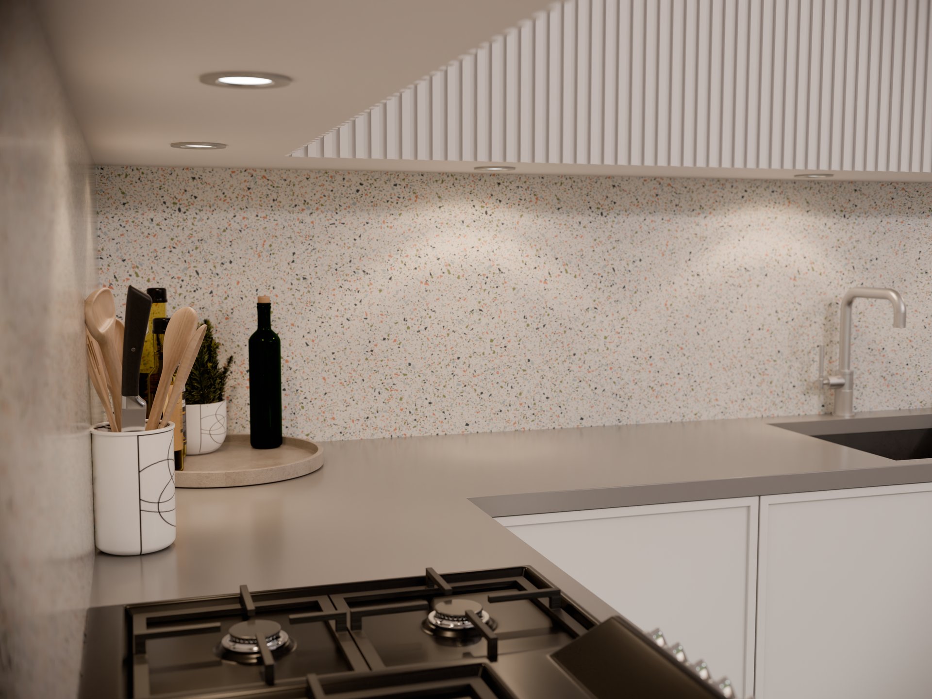 Plan de travail stratifié sur mesure Sofema dans cuisine avec plaque gaz et