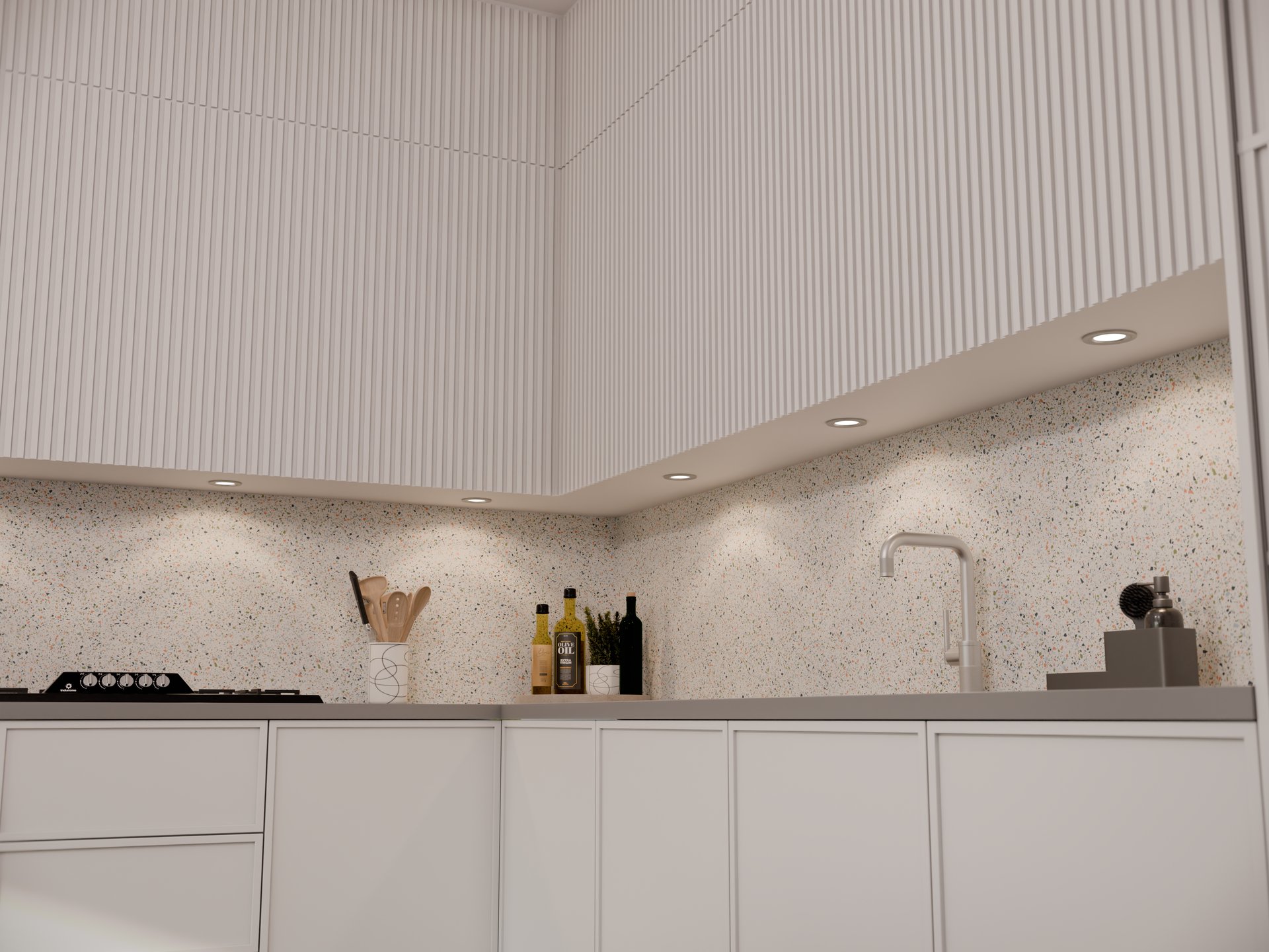 Plan de travail stratifié sur mesure Sofema, cuisine blanche avec évier