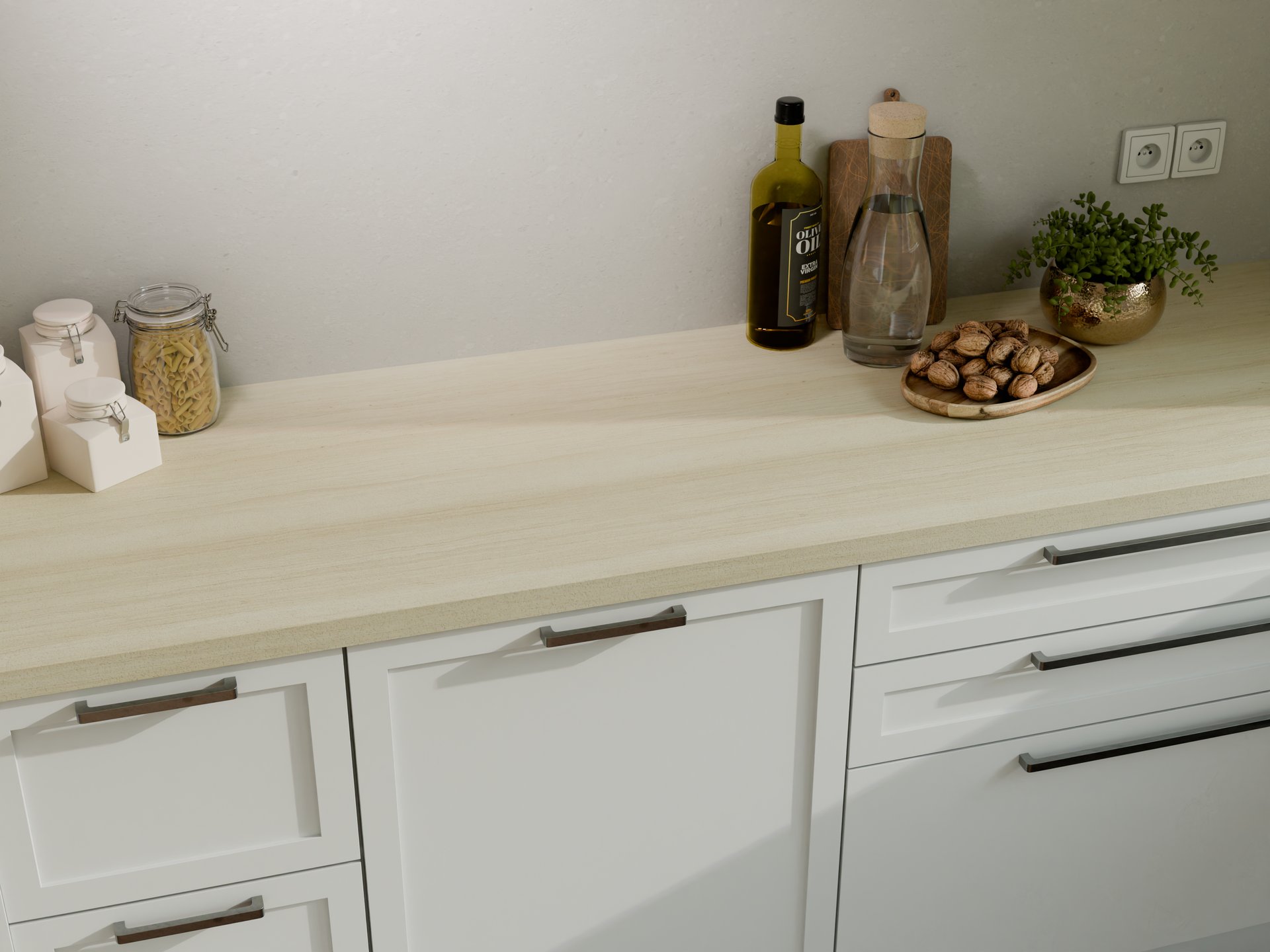 Plan de travail stratifié sur mesure Sofema dans une cuisine moderne.