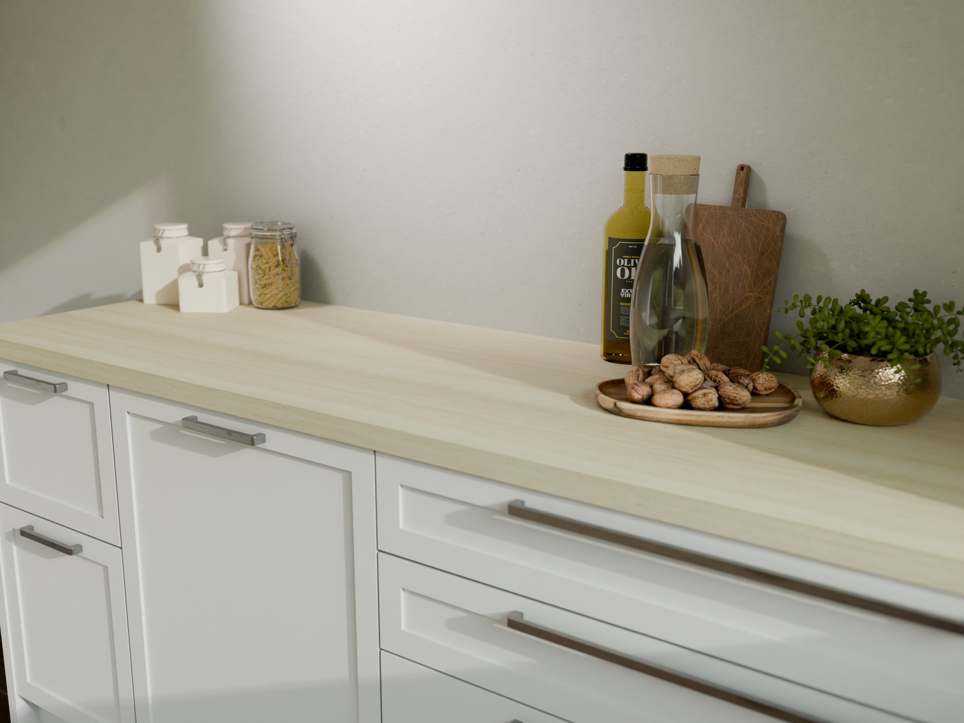 Plan de travail stratifié sur mesure Sofema, décor moderne avec accessoires.