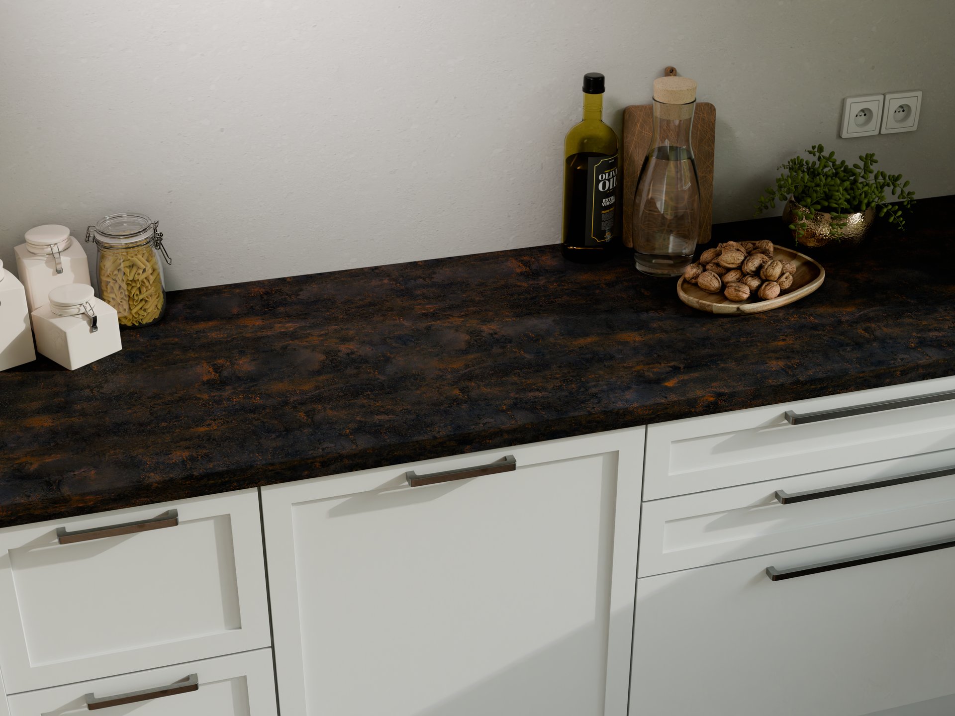 Plan de travail stratifié sur mesure Sofema avec des accessoires de cuisine.