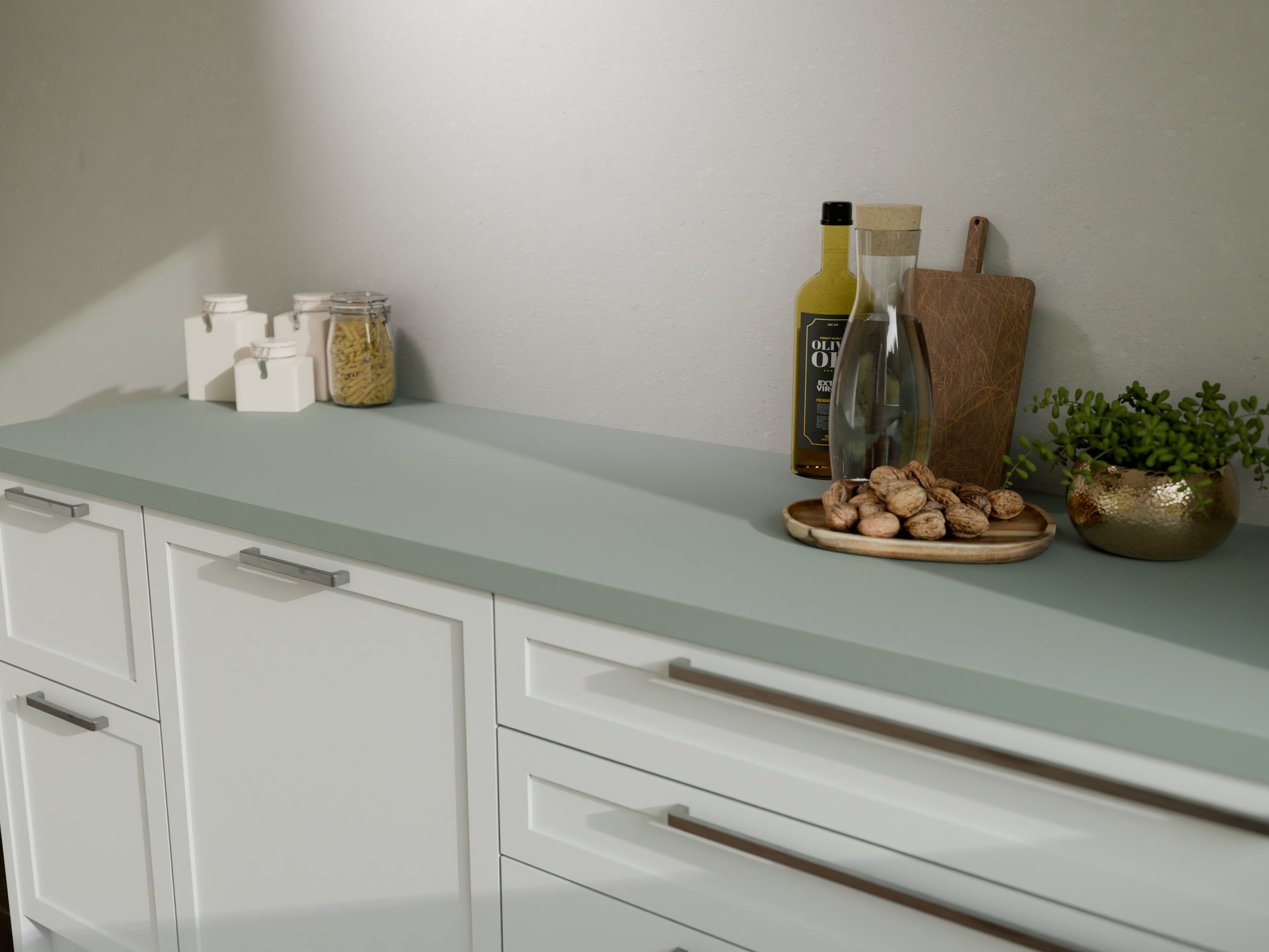 Plan de travail stratifié sur mesure Sofema avec accessoires de cuisine.